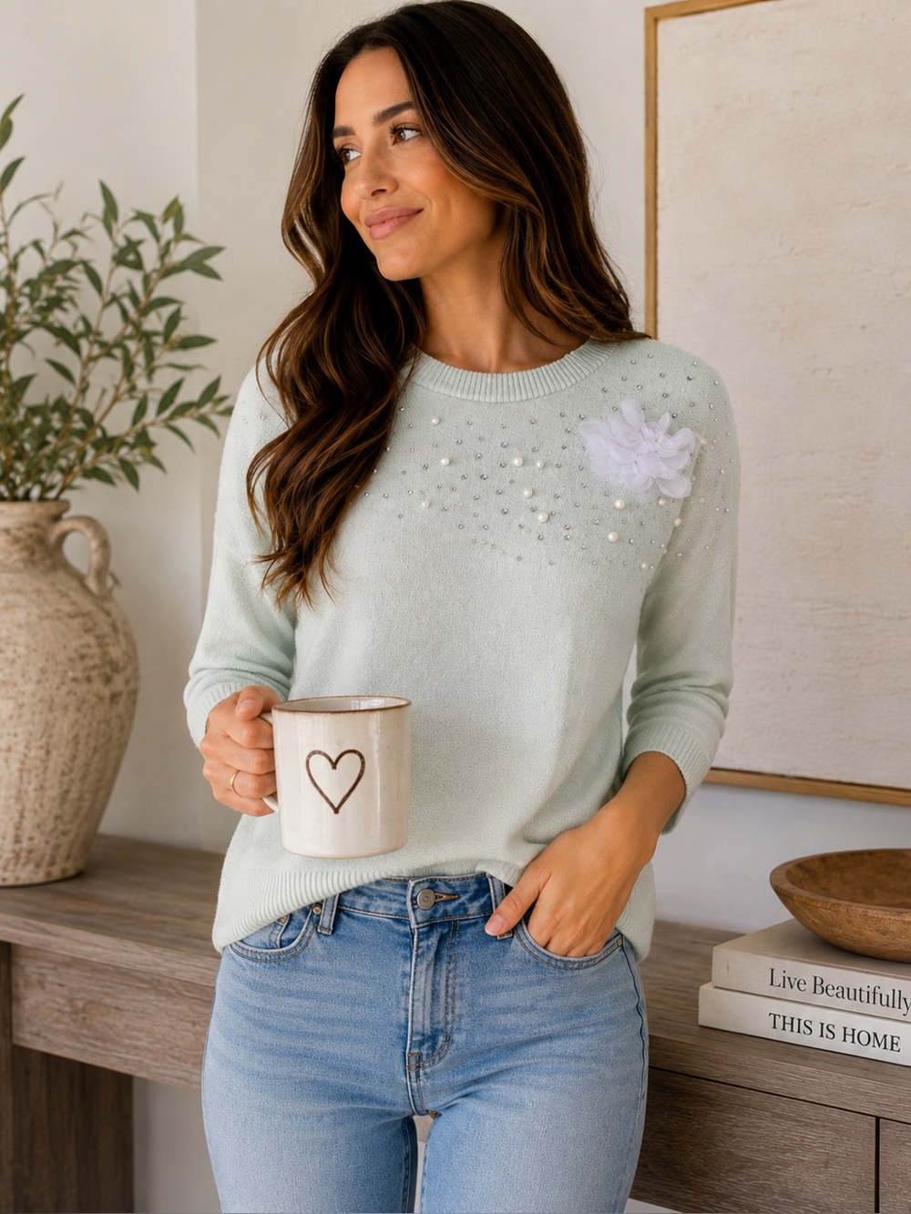 Love & Lace Mint Green Knit Sweater with Pearl Embellishments Size 1X